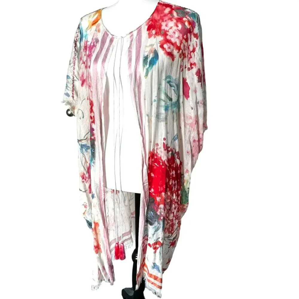 LAGUNA Watercolor Floral Silk Cotton Long Open Swim Cover Up Kaftan Kimono Boho‎